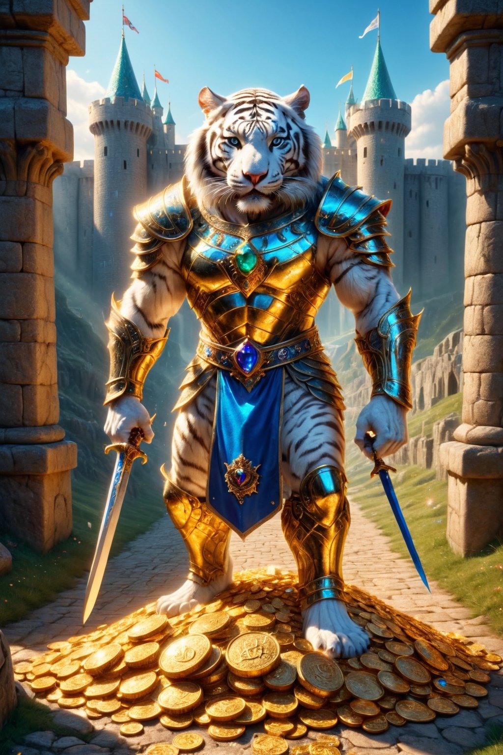 REALISTIC
It is daytime and we see the full body image of a tall and muscular white human tiger warrior with armor and blue sword standing on gold coins and on jewels, emeralds, rubies, sapphires, diamonds, in front of him a path of gold filled of treasure chests and jewels and behind him a beautiful and fantastic castle, background of a beautiful castle with flags with the letter H, in his left hand a bag full of gold, The strong lighting of the bright sun makes the gold shine in the ground, the castle in the background looks fantastic and is full of flags with the letter H.letter H everywhere