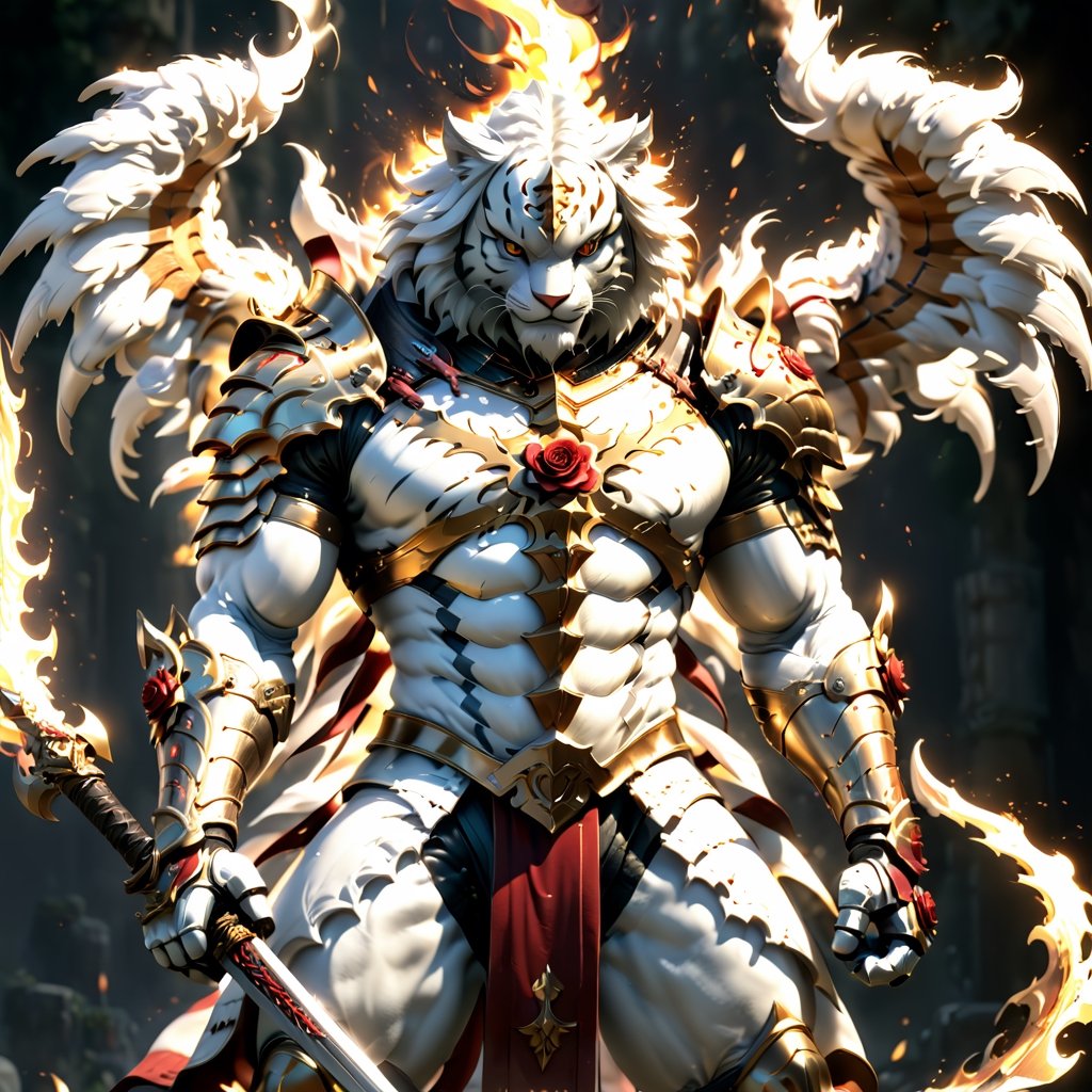 Realistic
[A WHITE HUMAN TIGER knight in golden armor], muscular arms, very muscular, dressed in golden full armor filled with red roses, Medallion with the letter H, (((metal gloves with long sharp blades, swords on the arms) )), (metal sword with transparent fire blade).holding it in the right hand, full body, hdr, 8k, subsurface scattering, specular light, high resolution, octane rendering, ANGELS background,(((ANGELS PROTECTING THE HUMAN TIGER))), transparent fire sword, fire whip held in his left hand, (((BACKGROUND FULL OF ANGELS WITH WHITE WINGS PROTECTING THE HUMAN TIGER))),AngelicStyle