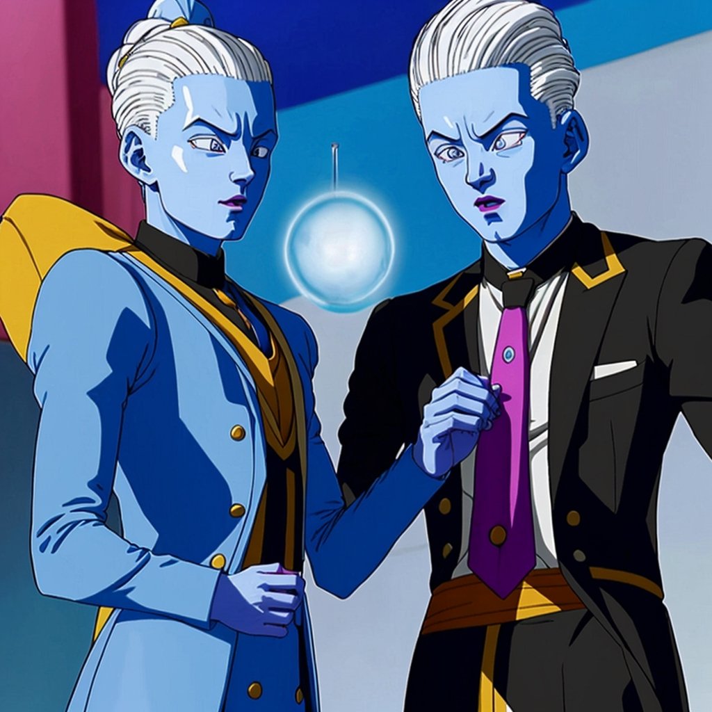 WHIS character in a man from Dragon Ball wearing a tuxedo, suit with tie, very elegant dress jacket with tie, WHIS in a man, blue skin, abundant white hair standing upright hair style with spikes,edgCJ