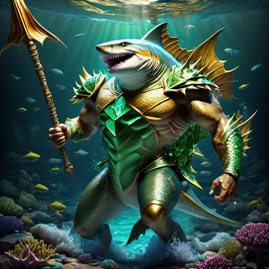 Realistic
FULL BODY IMAGE, Description of a [WINGED HUMAN SHARK WARRIOR with SHARK head] muscular, very muscular and highly detailed arms, LEFT ARM WITH HEAVY REINFORCED BRACELET with solid shield, right hand holding a golden trident, dressed in illuminated GREEN armor , full body of GREEN scales, a medallion of the letter A, hdr, 8k, subsurface scattering, specular lighting, high resolution, octane rendering, bottom of a large SEA, OCEAN of money, bottom of OCEAN WATER, hypermuscle, IMAGE FULL BODY, shark head, shark face, SHARK FACE