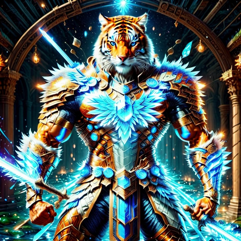 Realistic
FULL BODY IMAGE, Description of a [super MUSCULAR white HUMAN TIGER WARRIOR with TIGER head] muscular arms, very muscular and very detailed, LEFT ARM WITH HEAVY BRACELET REINFORCED with solid shield, right hand holding a FIRE SWORD, dressed in a illuminated golden armor medallion, one letter H medallion, hdr, 8k, subsurface scattering, specular lighting, high resolution, octane rendering, ILLUMINATED GOLDEN WHEAT BACKGROUND IN OPEN FIELD, FULL BODY IMAGE, tiger head, super muscular legs, more details XL, white skin, HYPER MUSCLE, FULL BODY IMAGE, VERY MUSCLE, VERY STRONG, HE HOLDS SWORD IN HIS RIGHT HAND AND SWORD IN HIS LEFT HAND AND HIS LEGS ARE VERY MUSCLE