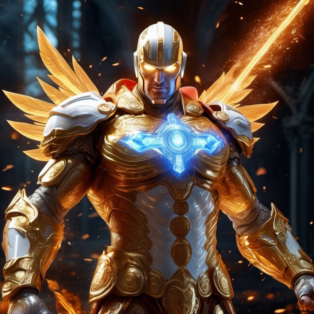 Realistic
Description of a [WHITE WARRIOR Henry with WHITE wings] muscular arms, very muscular and very detailed, dressed in a golden full body armor filled with red roses, helmet on his head, bright blue electricity running through his body, golden armor and Medallion of the letter H completely white on the chest, red metal gloves with long sharp blades, transparent swords held in both hands. (metal sword with transparent fire blade), hdr, 8k, subsurface scattering, specular light, high resolution, octane rendering, big money field background, 4 WINGS OF ANGEL, (4 WINGS OF ANGEL), fire sword transparent, background of field of GOLDEN WHEAT and red ROSES, medallion with the letter H on the chest, WHITE Henry, muscular arms, background Rain of gold coins and dollar bills, (GOOD LUCK) fire sword H, shield H , pendant of the letter H, medallion of the letter H on the uniform, hypermuscle, blessing of GOD almighty and JESUS ​​and THE HOLY SPIRIT, pendant of letter H on the chest, helmet that covers his face, HENRY the mascot of JESUS, helmet that covers your face,fire element,more detail XL,cyborg