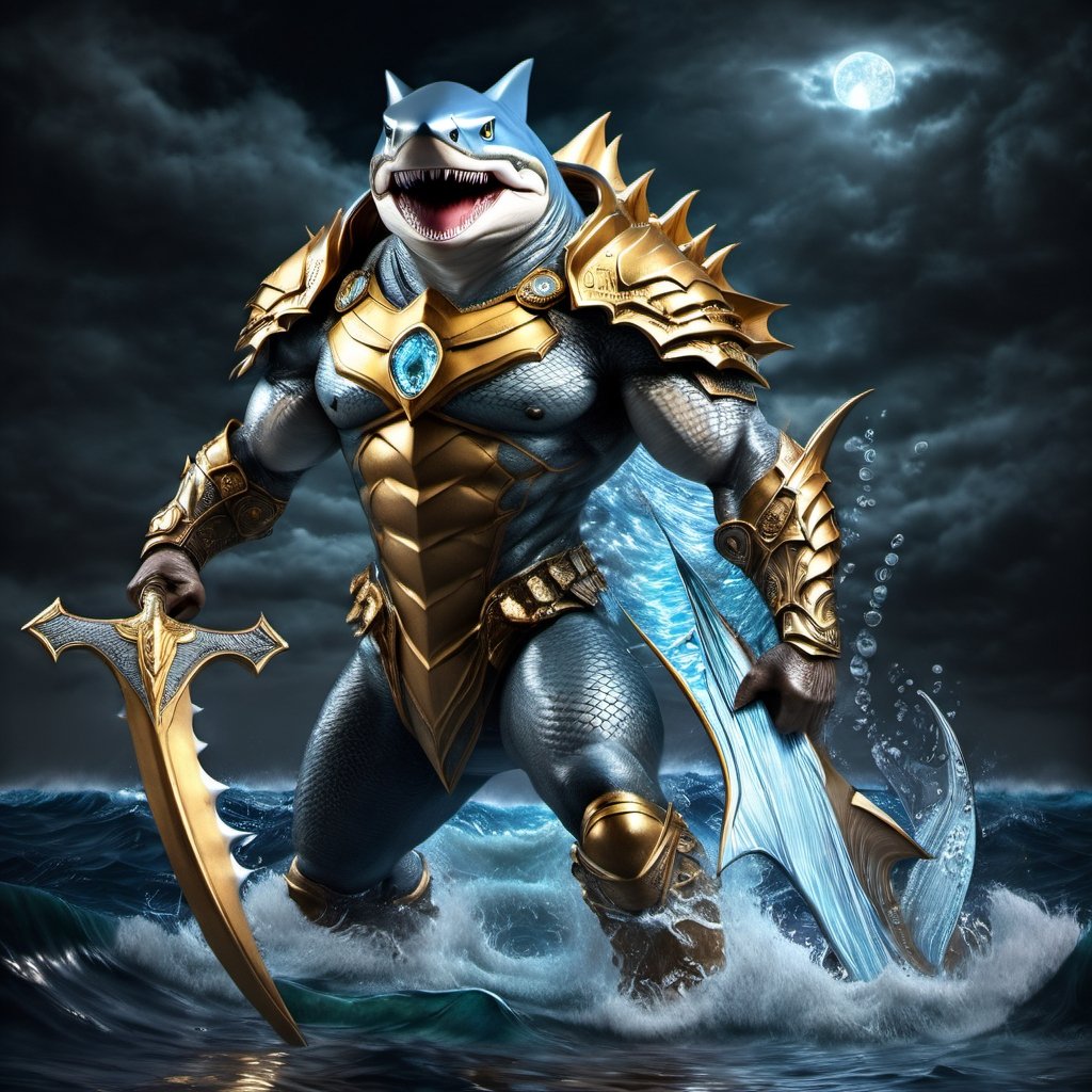 Realistic
FULL BODY IMAGE, Description of a [WINGED HUMAN SHARK WARRIOR with SHARK head] muscular arms, very muscular and very detailed, LEFT ARM WITH REINFORCED HEAVY BRACELET with solid shield, right hand holding gold trident, dressed in illuminated black armor , full body of scales, a medallion of the letter A ,hdr, 8k, subsurface scattering, specular lighting, high resolution, octane rendering, bottom of a large SEA, OCEAN of money, OCEAN WATER background, hypermuscle, ,BODY IMAGE COMPLETE, shark head, shark face, SHARK FACE