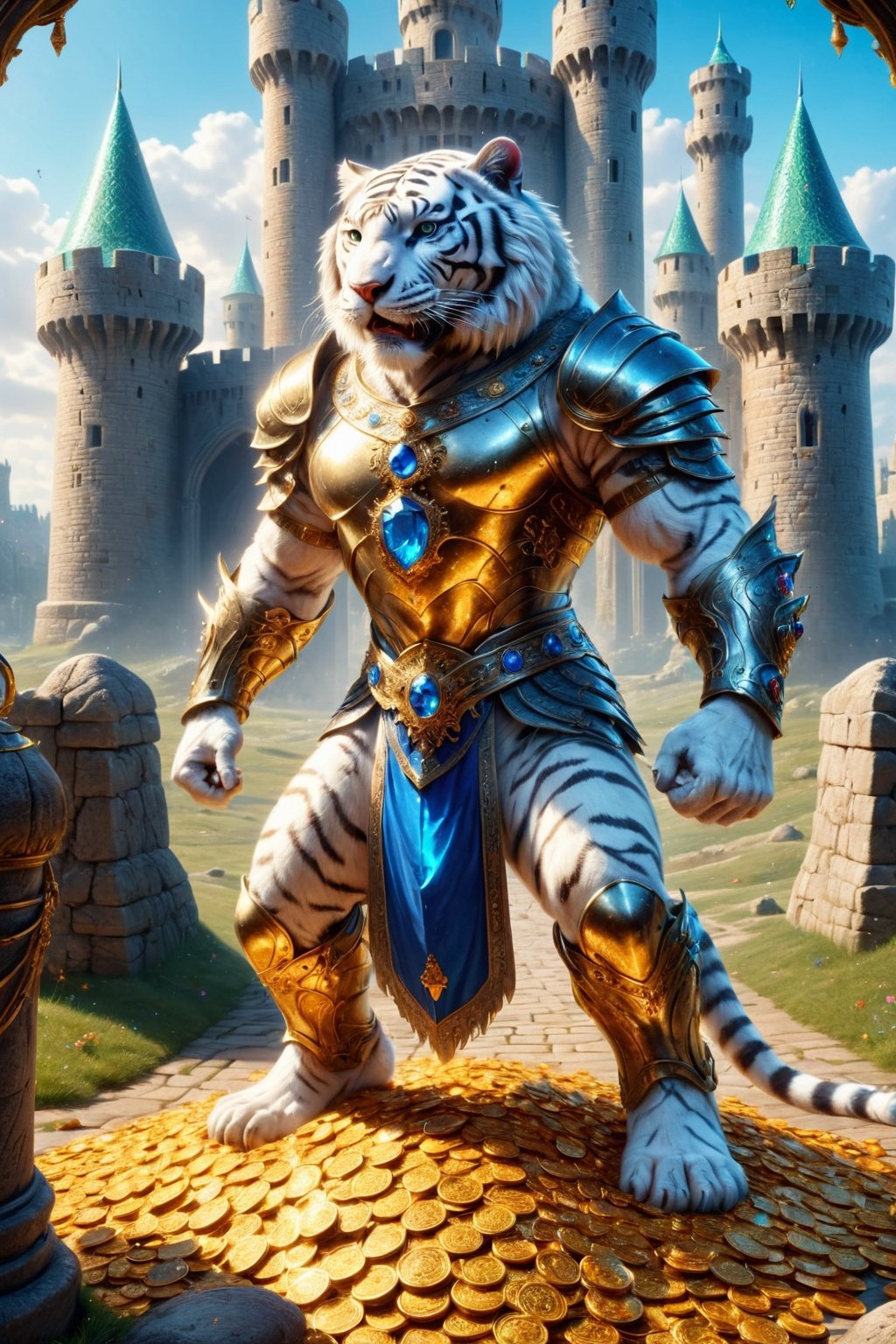 REALISTIC
It is daytime and we see the full body image of a tall and muscular white human tiger warrior with armor and sword standing on gold coins and on jewels, emeralds, rubies, sapphires, diamonds, in front of him a golden path full of chests of treasure and jewels and behind a beautiful and fantastic castle, background of a beautiful castle with flags with the letter H, the tall and muscular white human tiger warrior has a blue fire sword in his right hand and has a light blue armor and a red medallion on his chest, in his left hand a bag full of gold, treasure chests full of gold and jewels. The strong lighting from the bright sun makes the gold shine on the ground, the castle in the background looks fantastic and is full of flags with the letter H.