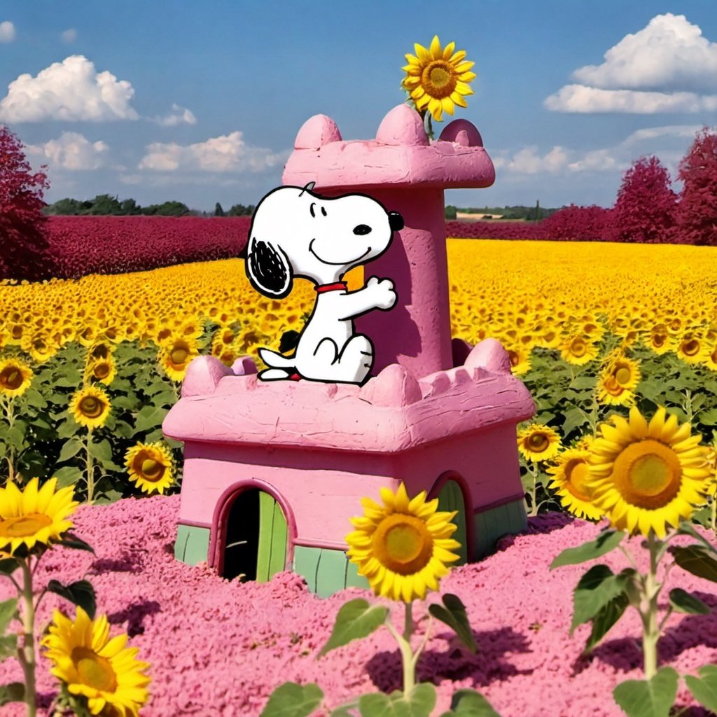 
SNOOPY PLAYING IN A PINK CASTLE FULL OF SUNFLOWERS