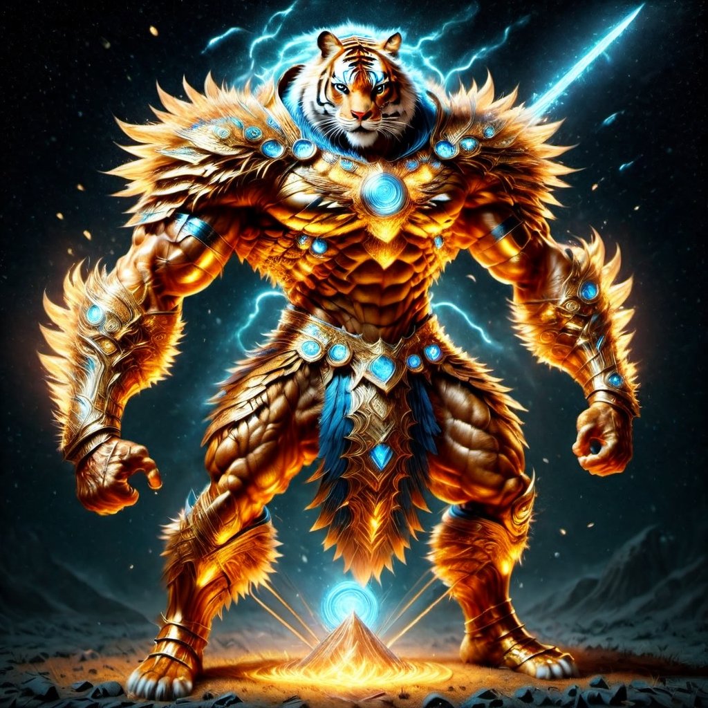 Realistic
FULL BODY IMAGE, Description of a [super MUSCLE HUMAN TIGER WARRIOR with TIGER head] muscular arms, very muscular and very detailed, LEFT ARM WITH REINFORCED HEAVY BRACELET with solid shield, right hand holding a FIRE SWORD, dressed in armor illuminated gold medallion, a letter H medallion, hdr, 8k, subsurface scattering, specular lighting, high resolution, octane rendering, ILLUMINATED GOLDEN WHEAT BACKGROUND IN OPEN FIELD, FULL BODY IMAGE, tiger head, super muscular legs,more detail XL
