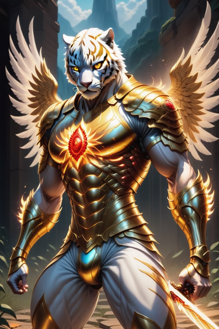 Realistic
Description of a [Male WHITE TIGER Human with WHITE wings] very muscular arms, very muscular legs, dressed in golden full body armor, bright electricity running through his body, full armor, letter medallion. H, metal gloves with long, sharp blades, swords on the arms. , (metal sword with transparent fire blade). in right hand, full body, hdr, 8k, subsurface scattering, specular light, high resolution, octane rendering, field background, ANGEL WINGS,(ANGEL WINGS), transparent fire sword, golden field background with ROSES red, fire whip in his left hand, fire element, armor that protects the entire body, (male HUMAN TIGER) fire element, fire sword, golden armor, tiger face, very muscular body, muscular body,skin white,very muscular giant,
TIGER face.GIANT MUSCLE,
TIGER face,