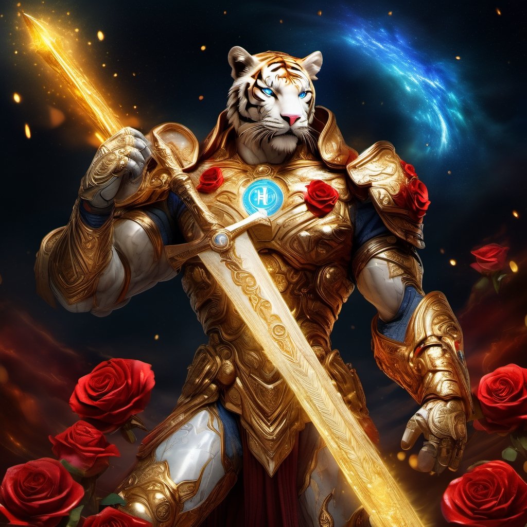 Realistic
FULL BODY IMAGE, Description of a [WHITE WARRIOR HUMAN TIGER WHITE WINGS] muscular arms, very muscular and very detailed, LEFT ARM WITH HEAVY REINFORCED BRACELET with solid shield, right hand holding a transparent fire sword, dressed in golden armor of full body filled with red roses, helmet on head, glowing blue electricity running through his body, golden armor and completely white letter H medallion on chest, hdr, 8k, subsurface dispersion, specular light, high resolution, octane rendering, big money field background, field background of GOLDEN WHEAT and red ROSES, medallion with the letter H on the chest, background Rain of gold coins and dollar bills, (GOOD LUCK) fire sword H, shield H, pendant of the letter H, medallion of the letter H on the uniform, hypermuscle, blessing of GOD almighty and JESUS ​​and THE HOLY SPIRIT, pendant of the letter H on the chest, helmet that covers his face, the mascot of JESUS, FULL BODY , helmet that covers his ENTIRE face, FULL BODY IMAGE, super strong legs with armor with gold details