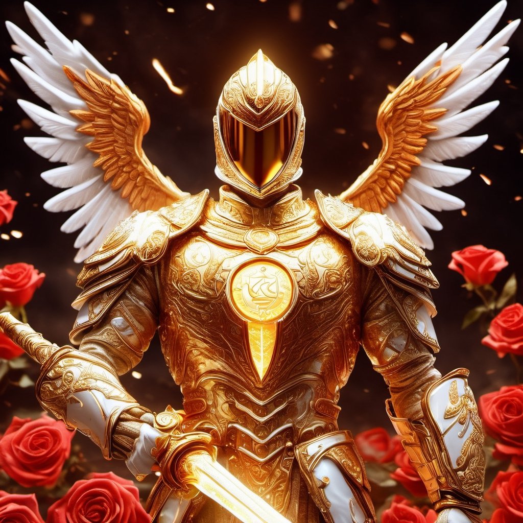 Realistic
Description of a [WHITE WARRIOR Henry with WHITE wings] muscular arms, very muscular and very detailed, dressed in a full body golden armor filled with red roses with ELECTRIC LIGHTS all over his body, bright electricity running through his body, golden and white armor complete, letter medallion. H, H letters all over uniform, H letters all over armor, red metal gloves with long sharp blades, swords on arms. , (metal sword with transparent fire blade), full body, hdr, 8k, subsurface scattering, specular light, high resolution, octane rendering, field background,4 WINGS OF ANGEL,(4 WINGS OF ANGEL), sword of transparent fire, golden field background with red ROSES, fire whip held in his left hand, fire element, armor that protects the entire body, fire element, medallion with the letter H on the chest, WHITE Henry, open field background with red roses, red roses on the suit, letter H on the suit, muscular arms, background Golden rain, (rain money) fire sword H, shield H, letter H pendant, letter H medallion on the uniform, hypermuscle, cat, blessing of almighty GOD and JESUS ​​and THE HOLY SPIRIT, pendant of letter H on his chest