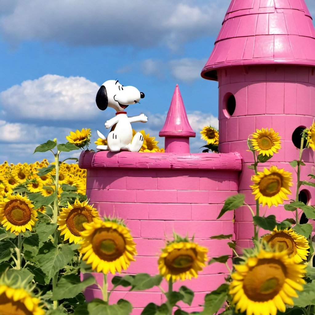 
SNOOPY PLAYING IN A PINK CASTLE FULL OF SUNFLOWERS