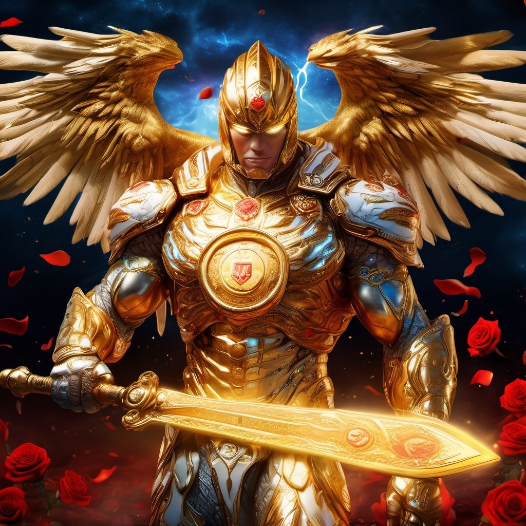Realistic
FULL BODY IMAGE, Description of a [WHITE HUMAN TIGER WARRIOR WITH WHITE WINGS] muscular arms, very muscular and very detailed, LEFT ARM WITH HEAVY REINFORCED BRACELET with solid shield, right hand holding a transparent fire sword, dressed in golden armor full body full of red roses, helmet on head, glowing blue electricity running through his body, golden armor and completely white letter H medallion on chest, hdr, 8k, subsurface dispersion, specular light, high resolution, octane rendering , large money field background, GOLDEN WHEAT and red ROSES field background, medallion with the letter H on the chest, background Rain of gold coins and dollar bills, (GOOD LUCK) fire sword H, shield H , letter H pendant, letter H medallion on uniform, hypermuscle, H on chest, helmet that covers his ENTIRE face, FULL BODY IMAGE, super strong legs with armor with gold details
