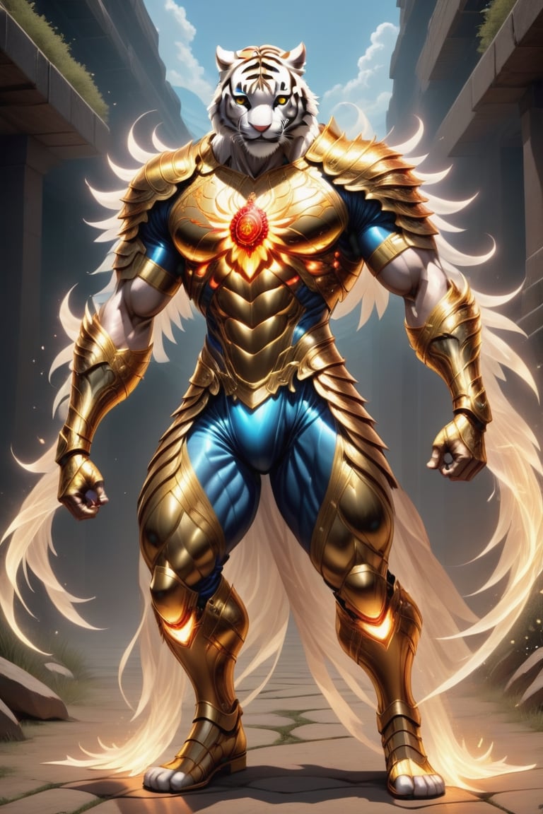 Realistic
Description of a [Male WHITE TIGER Human with WHITE wings] very muscular arms, very muscular legs, dressed in golden full body armor, bright electricity running through his body, full armor, letter medallion. H, metal gloves with long, sharp blades, swords on the arms. , (metal sword with transparent fire blade). in right hand, full body, hdr, 8k, subsurface scattering, specular light, high resolution, octane rendering, field background, ANGEL WINGS,(ANGEL WINGS), transparent fire sword, golden field background with ROSES red, fire whip in his left hand, fire element, armor that protects the entire body, (male HUMAN TIGER) fire element, fire sword, golden armor, tiger face, very muscular body, muscular body,skin white,very muscular giant,
TIGER face.GIANT MUSCLE,
TIGER face,MUSCLE ARMS,ARMS WITH GIANT MUSCLES