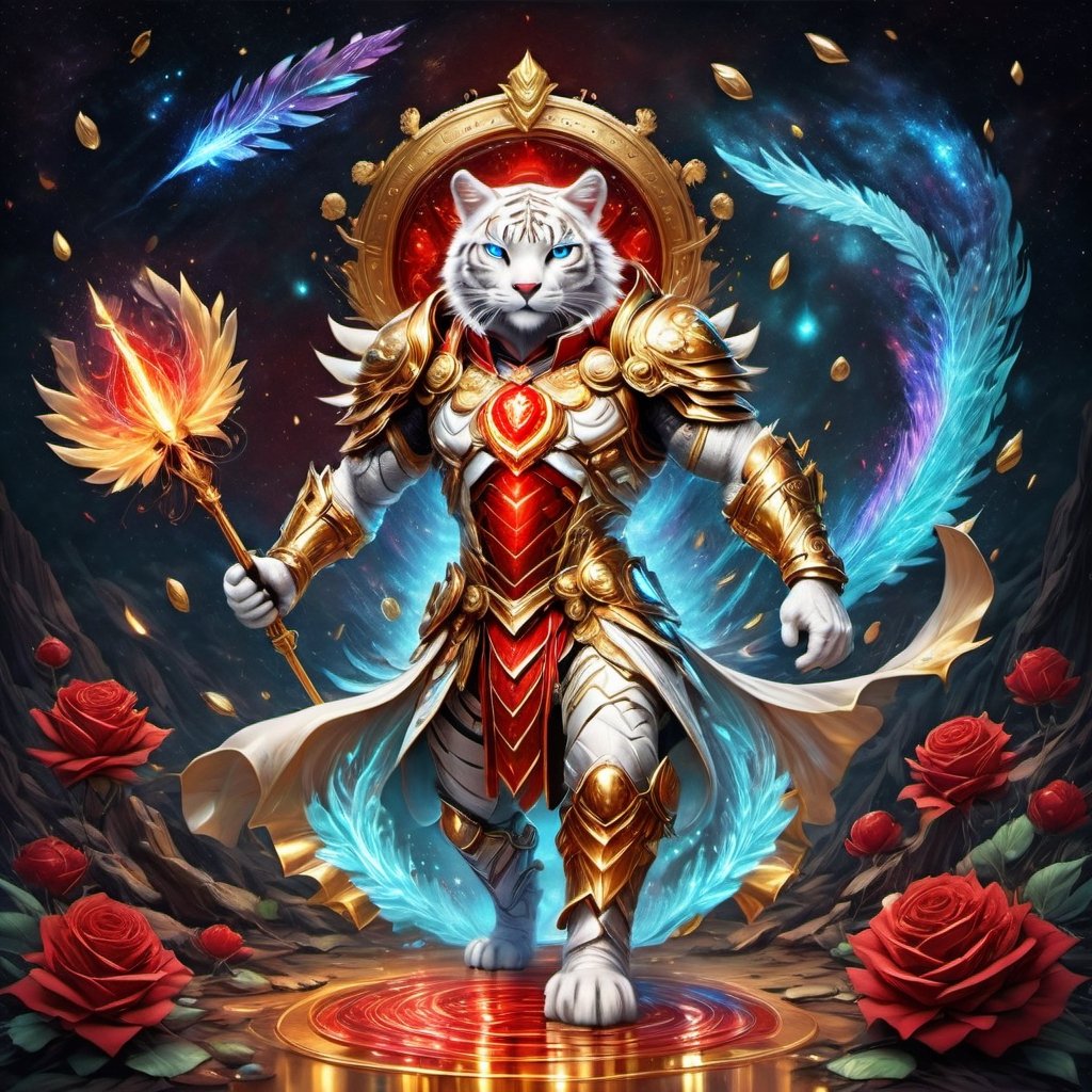 Realistic
FULL BODY IMAGE, Description of a [WHITE HUMAN TIGER WARRIOR WITH WHITE WINGS] muscular arms, very muscular and very detailed, LEFT ARM WITH HEAVY REINFORCED BRACELET with solid shield, right hand holding a transparent fire sword, dressed in golden armor full body full of red roses, helmet on head, glowing blue electricity running through his body, golden armor and completely white letter H medallion on chest, hdr, 8k, subsurface dispersion, specular light, high resolution, octane rendering , large money field background, GOLDEN WHEAT and red ROSES field background, medallion with the letter H on the chest, background Rain of gold coins and dollar bills, (GOOD LUCK) fire sword H, shield H , letter H pendant, letter H medallion on uniform, hypermuscle, H on chest, FULL BODY IMAGE, super strong legs with armor with gold details,Leonardo style ,Spirit Fox Pendant,phoenix pendant,Holy Dragon Pendant,Dolphin Pendant,GUILD WARS,Panda Pendant,ral-chrcrts,jinjianceng,Fortnite,aw0k cat