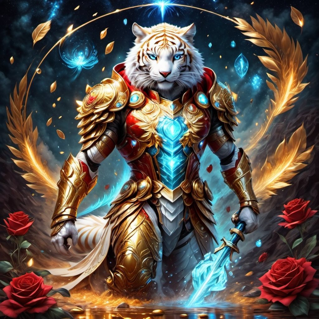 Realistic
FULL BODY IMAGE, Description of a [WHITE HUMAN TIGER WARRIOR WITH WHITE WINGS] muscular arms, very muscular and very detailed, LEFT ARM WITH HEAVY REINFORCED BRACELET with solid shield, right hand holding a transparent fire sword, dressed in golden armor full body full of red roses, helmet on head, glowing blue electricity running through his body, golden armor and completely white letter H medallion on chest, hdr, 8k, subsurface dispersion, specular light, high resolution, octane rendering , large money field background, GOLDEN WHEAT and red ROSES field background, medallion with the letter H on the chest, background Rain of gold coins and dollar bills, (GOOD LUCK) fire sword H, shield H , letter H pendant, letter H medallion on uniform, hypermuscle, H on chest, FULL BODY IMAGE, super strong legs with armor with gold details,Leonardo style ,Spirit Fox Pendant,phoenix pendant,Holy Dragon Pendant,Dolphin Pendant,GUILD WARS,Panda Pendant,ral-chrcrts,jinjianceng,Fortnite,aw0k cat