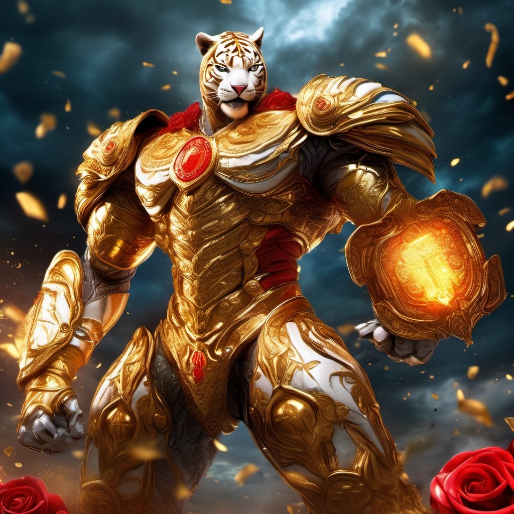 Realistic
FULL BODY IMAGE, Description of a [WHITE HUMAN TIGER WARRIOR WITH WHITE WINGS] muscular arms, very muscular and very detailed, LEFT ARM WITH HEAVY REINFORCED BRACELET with solid shield, right hand holding a transparent fire sword, dressed in golden armor full body full of red roses, helmet on head, glowing blue electricity running through his body, golden armor and completely white letter H medallion on chest, hdr, 8k, subsurface dispersion, specular light, high resolution, octane rendering , large money field background, GOLDEN WHEAT and red ROSES field background, medallion with the letter H on the chest, background Rain of gold coins and dollar bills, (GOOD LUCK) fire sword H, shield H , letter H pendant, letter H medallion on uniform, hypermuscle, H on chest, FULL BODY IMAGE, super strong legs with armor with gold details