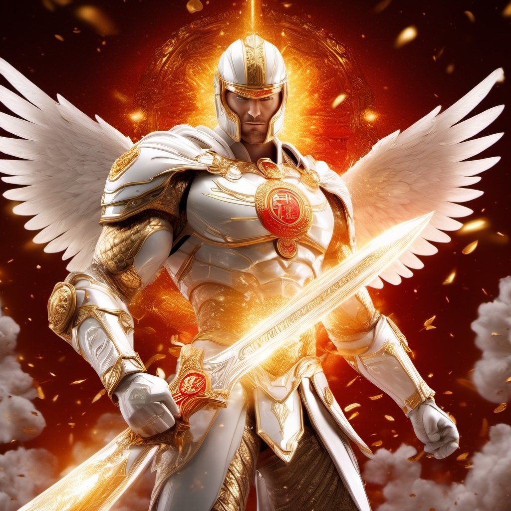 Realistic
FULL BODY IMAGE, Description of a [WHITE WARRIOR Henry with WHITE wings] muscular arms, very muscular and very detailed, dressed in a golden full body armor filled with red roses, helmet on his head, bright blue electricity running through his body, golden armor and completely white Letter H Medallion on the chest, red metal gloves with long sharp blades, transparent swords held with both hands. (metal sword with transparent fire blade), hdr, 8k, subsurface scattering, specular light, high resolution, octane rendering, big money field background, 4 WINGS OF ANGEL, (4 WINGS OF ANGEL), fire sword transparent, background of field of GOLDEN WHEAT and red ROSES, medallion with the letter H on the chest, WHITE Henry, muscular arms, background Rain of gold coins and dollar bills, (GOOD LUCK) fire sword H, shield H , pendant of the letter H, medallion of the letter H on the uniform, hypermuscle, blessing of GOD almighty and JESUS ​​and THE HOLY SPIRIT, pendant of letter H on the chest, helmet that covers his face, HENRY the mascot of JESUS, BODY COMPLETE, helmet that covers your ENTIRE face, FULL BODY IMAGE