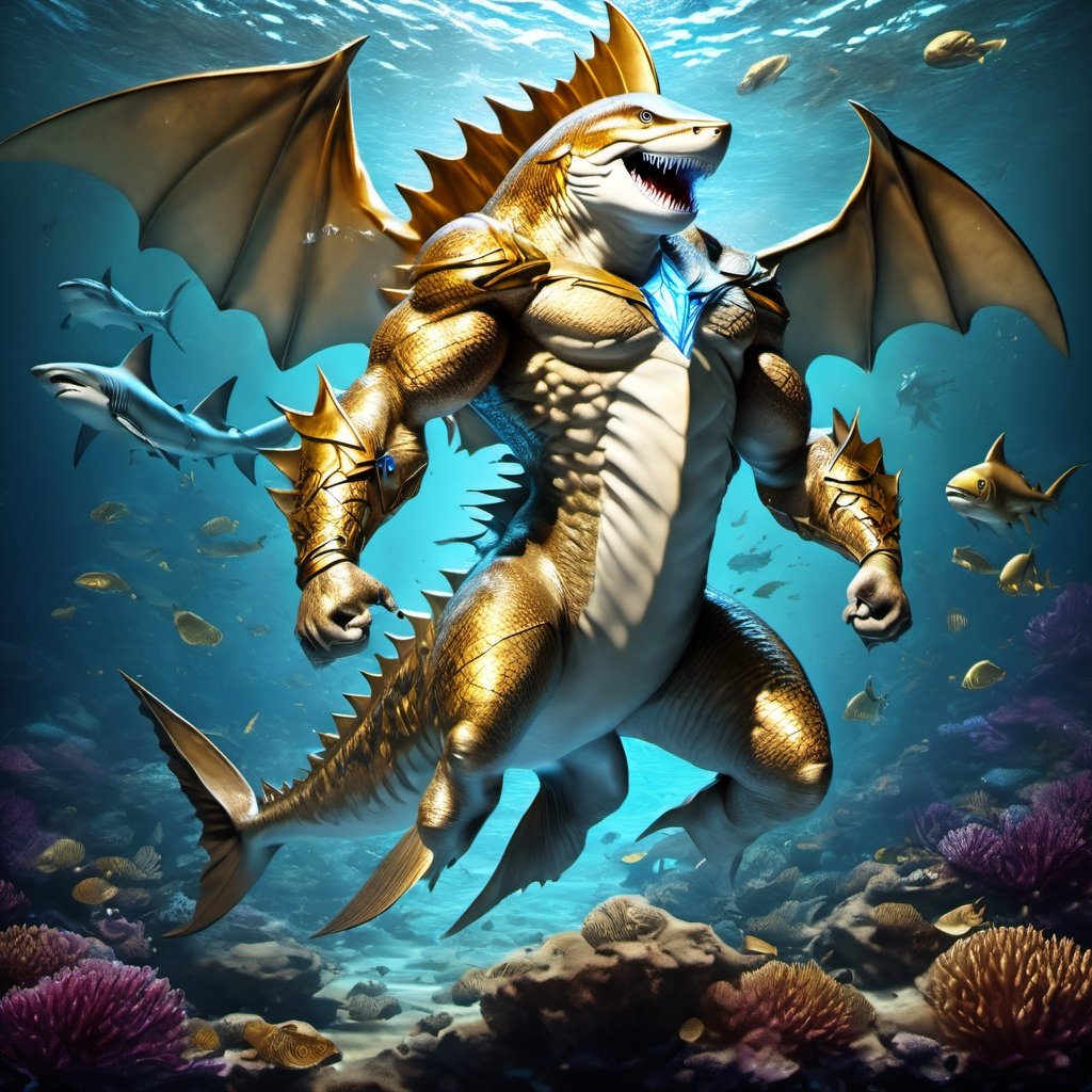 Realistic
FULL BODY IMAGE, Description of a [WINGED HUMAN SHARK WARRIOR with SHARK head] muscular arms, very muscular and very detailed, LEFT ARM WITH REINFORCED HEAVY BRACELET with solid shield, right hand holding a golden trident, dressed in gold armor illuminated, full body of black scales, a medallion of the letter A, hdr, 8k, subsurface scattering, specular lighting, high resolution, octane rendering, bottom of a large SEA, OCEAN of money, bottom of OCEAN WATER, hypermuscle, FULL BODY IMAGE, shark head, shark face, SHARK FACE, trident in his hand, armed with tridents