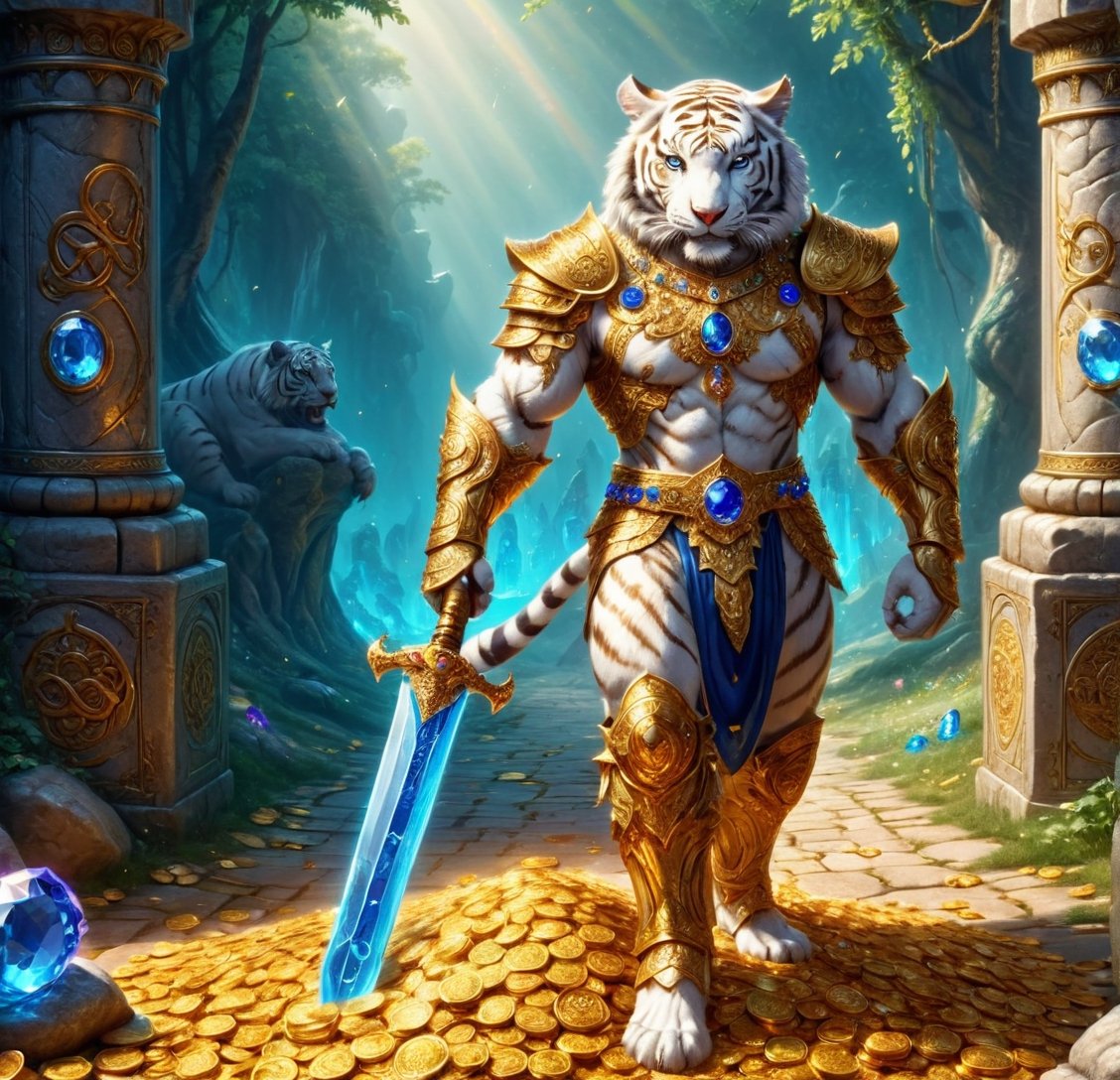 
It is daytime and we see the full length image of a tall muscular white human tiger warrior with armor and blue sword standing on gold coins and on jewels, emeralds, rubies, sapphires, diamonds, in front of him a golden path full of treasure chests and jewelry, there is gold everywhere and solid gold letters H, letter H