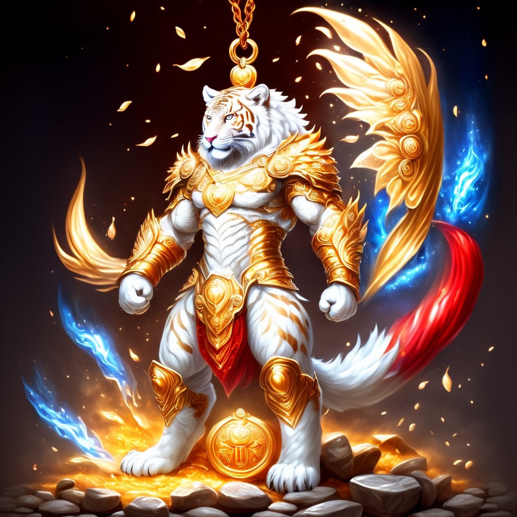 Realistic
FULL BODY IMAGE, Description of a [WHITE HUMAN TIGER WARRIOR WITH WHITE WINGS] muscular arms, very muscular and very detailed, LEFT ARM WITH HEAVY REINFORCED BRACELET with solid shield, right hand holding a transparent fire sword, dressed in golden armor full body full of red roses, helmet on head, glowing blue electricity running through his body, golden armor and completely white letter H medallion on chest, hdr, 8k, subsurface dispersion, specular light, high resolution, octane rendering , large money field background, GOLDEN WHEAT and red ROSES field background, medallion with the letter H on the chest, background Rain of gold coins and dollar bills, (GOOD LUCK) fire sword H, shield H , letter H pendant, letter H medallion on uniform, hypermuscle, H on chest, FULL BODY IMAGE, super strong legs with armor with gold details,Leonardo style ,Spirit Fox Pendant,phoenix pendant,Holy Dragon Pendant,Dolphin Pendant,GUILD WARS