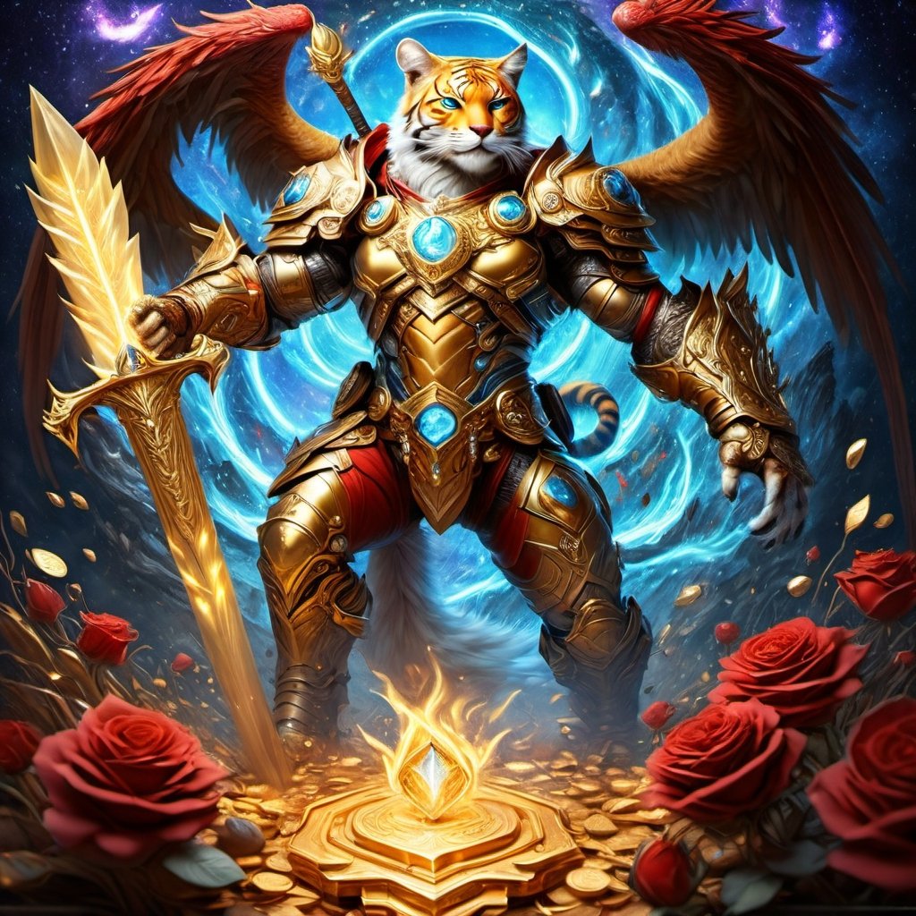 Realistic
FULL BODY IMAGE, Description of a [WHITE HUMAN TIGER WARRIOR WITH WHITE WINGS] muscular arms, very muscular and very detailed, LEFT ARM WITH HEAVY REINFORCED BRACELET with solid shield, right hand holding a transparent fire sword, dressed in golden armor full body full of red roses, helmet on head, glowing blue electricity running through his body, golden armor and completely white letter H medallion on chest, hdr, 8k, subsurface dispersion, specular light, high resolution, octane rendering , large money field background, GOLDEN WHEAT and red ROSES field background, medallion with the letter H on the chest, background Rain of gold coins and dollar bills, (GOOD LUCK) fire sword H, shield H , letter H pendant, letter H medallion on uniform, hypermuscle, H on chest, FULL BODY IMAGE, super strong legs with armor with gold details,Leonardo style ,Spirit Fox Pendant,phoenix pendant,Holy Dragon Pendant,Dolphin Pendant,GUILD WARS,Panda Pendant,ral-chrcrts,jinjianceng,Fortnite,aw0k cat