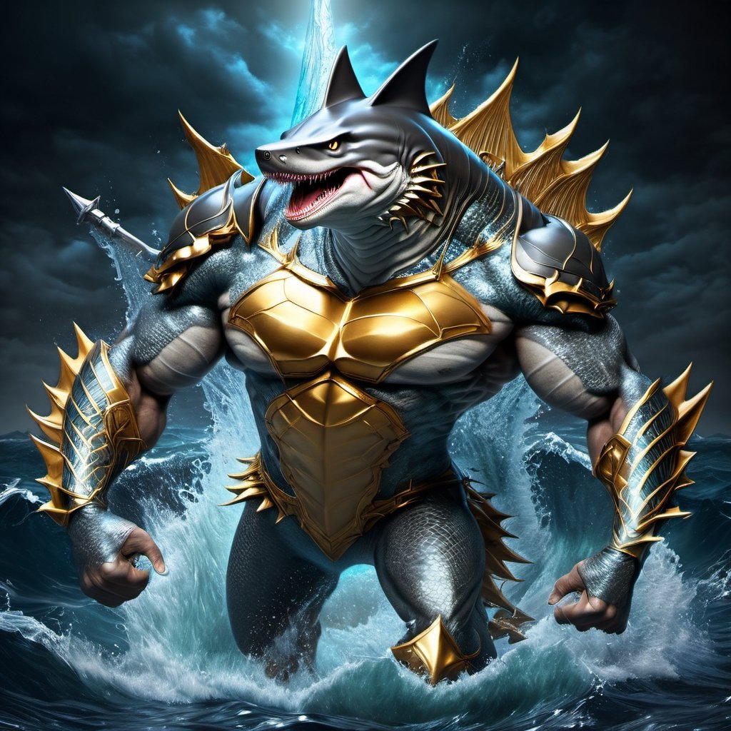 Realistic
FULL BODY IMAGE, Description of a [WINGED HUMAN SHARK WARRIOR with SHARK head] muscular arms, very muscular and very detailed, LEFT ARM WITH REINFORCED HEAVY BRACELET with solid shield, right hand holding gold trident, dressed in illuminated black armor , full body of scales, a medallion of the letter A ,hdr, 8k, subsurface scattering, specular lighting, high resolution, octane rendering, bottom of a large SEA, OCEAN of money, OCEAN WATER background, hypermuscle, ,BODY IMAGE COMPLETE, shark head, shark face, SHARK FACE