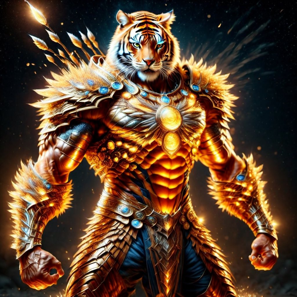 Realistic
FULL BODY IMAGE, Description of a [super MUSCLE HUMAN TIGER WARRIOR with TIGER head] muscular arms, very muscular and very detailed, LEFT ARM WITH REINFORCED HEAVY BRACELET with solid shield, right hand holding a FIRE SWORD, dressed in armor illuminated gold medallion, a letter H medallion, hdr, 8k, subsurface scattering, specular lighting, high resolution, octane rendering, ILLUMINATED GOLDEN WHEAT BACKGROUND IN OPEN FIELD, FULL BODY IMAGE, tiger head, super muscular legs,more detail XL