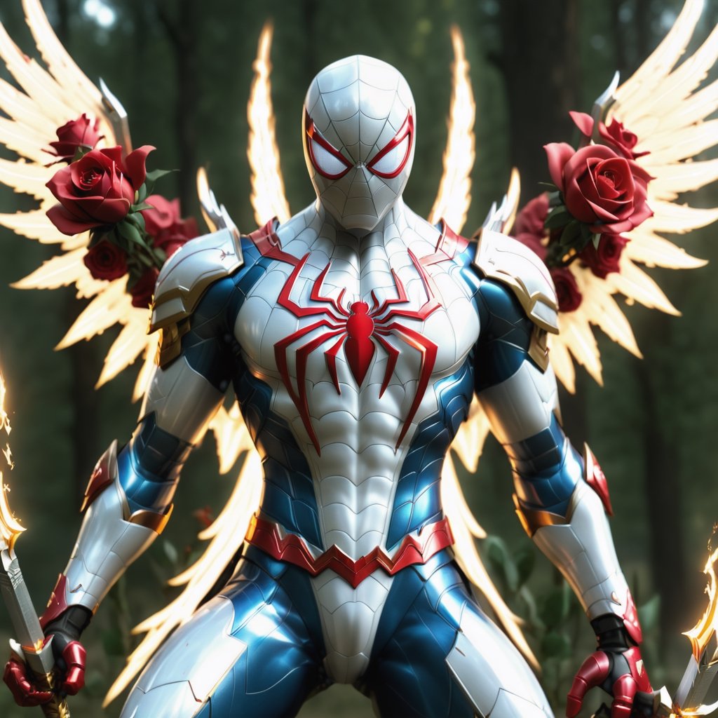 Realistic
Description of a very muscular and highly detailed [WHITE SPIDERMAN with WHITE wings], dressed in full body armor filled with red roses with ELECTRIC LIGHTS all over his body, bright electricity running through his body, full armor, letter medallion. H, H letters all over uniform, H letters all over armor, metal gloves with long sharp blades, swords on arms. , (metal sword with transparent fire blade). in right hand, full body, hdr, 8k, subsurface scattering, specular light, high resolution, octane rendering, field background, ANGEL WINGS,(ANGEL WINGS), transparent fire sword, golden field background with ROSES red, fire whip in his left hand, fire element, armor that protects the entire body, (SPIDERMAN) fire element, fire sword, golden armor, medallion with letter H on his chest,fire element