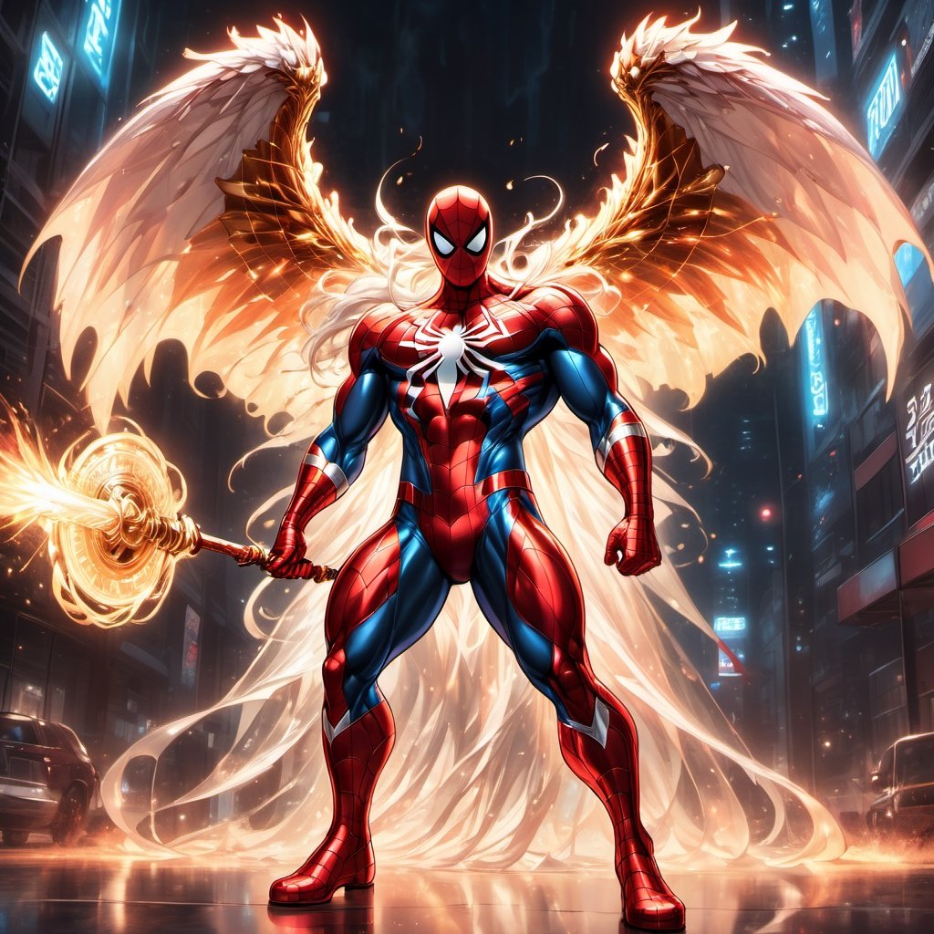 Realistic
Description of a very muscular and highly detailed [very muscular WHITE SPIDERMAN with WHITE wings], dressed in full body armor filled with red roses with ELECTRIC LIGHTS all over his body, bright electricity running through his body, full armor, letter medallion. H, H letters all over uniform, H letters all over armor, metal gloves with long sharp blades, swords on arms. , (metal sword with transparent fire blade).holding it in the right hand, full body, hdr, 8k, subsurface scattering, specular light, high resolution, octane rendering, field background, ANGEL WINGS,(ANGEL WINGS ), transparent fire sword, golden field background with red ROSES, fire whip held in his left hand, fire element, armor that protects the entire body, (SPIDERMAN) fire element, fire sword, golden armor, medallion with letter H on his chest,more detail XL,cyborg style,salttech,flower4rmor,