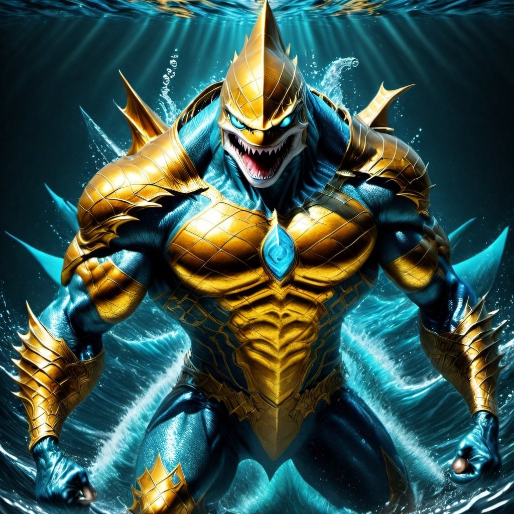 Realistic
FULL BODY IMAGE, Description of a [super MUSCLE HUMAN SHARK WARRIOR with SHARK head] muscular arms, very muscular and very detailed, LEFT ARM WITH HEAVY BRACELET REINFORCED with solid shield, right hand holding a golden trident, dressed in armor of illuminated gold, full body of black scales, a medallion of the letter A, hdr, 8k, subsurface scattering, specular lighting, high resolution, octane rendering, bottom of a large SEA, OCEAN of money, bottom of OCEAN WATER, hypermuscle , FULL BODY IMAGE, shark head, shark face, SHARK FACE, super muscular legs,rmspdvrs