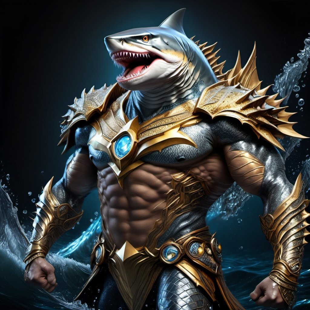 Realistic
FULL BODY IMAGE, Description of a [WINGED HUMAN SHARK WARRIOR with SHARK head] muscular arms, very muscular and very detailed, LEFT ARM WITH REINFORCED HEAVY BRACELET with solid shield, right hand holding gold trident, dressed in illuminated black armor , full body of scales, a medallion of the letter A ,hdr, 8k, subsurface scattering, specular lighting, high resolution, octane rendering, bottom of a large SEA, OCEAN of money, OCEAN WATER background, hypermuscle, ,BODY IMAGE COMPLETE, shark head, shark face, SHARK FACE