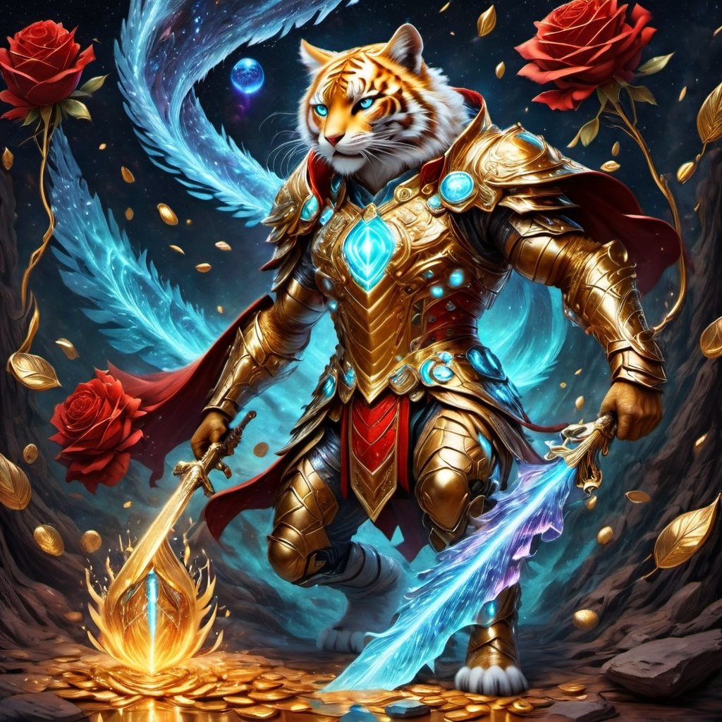 Realistic
FULL BODY IMAGE, Description of a [WHITE HUMAN TIGER WARRIOR WITH WHITE WINGS] muscular arms, very muscular and very detailed, LEFT ARM WITH HEAVY REINFORCED BRACELET with solid shield, right hand holding a transparent fire sword, dressed in golden armor full body full of red roses, helmet on head, glowing blue electricity running through his body, golden armor and completely white letter H medallion on chest, hdr, 8k, subsurface dispersion, specular light, high resolution, octane rendering , large money field background, GOLDEN WHEAT and red ROSES field background, medallion with the letter H on the chest, background Rain of gold coins and dollar bills, (GOOD LUCK) fire sword H, shield H , letter H pendant, letter H medallion on uniform, hypermuscle, H on chest, FULL BODY IMAGE, super strong legs with armor with gold details,Leonardo style ,Spirit Fox Pendant,phoenix pendant,Holy Dragon Pendant,Dolphin Pendant,GUILD WARS,Panda Pendant,ral-chrcrts,jinjianceng,Fortnite,aw0k cat