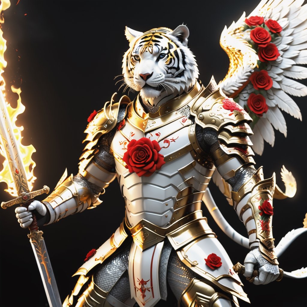 Realistic
[A WHITE HUMAN TIGER knight in golden armor], muscular arms, very muscular, dressed in full golden armor filled with red roses all over the body, Medallion with letter H, Medallions with letter H throughout the armor, letters H throughout the armor, metal gloves with long sharp blades, swords on his arms. , (metal sword with transparent fire blade).holding it in right hand, full body, hdr, 8k, subsurface scattering, specular light, high resolution, octane rendering, field background,ANGELS PROTECTING LO,(((CROUD ANGELS PROTECTING THE HUMAN TIGER))), transparent fire sword, field background WITH red ROSES, fire whip held in his left hand, (((BACKGROUND FULL OF ANGELS WITH WHITE WINGS PROTECTING THE HUMAN TIGER))),more detail XL