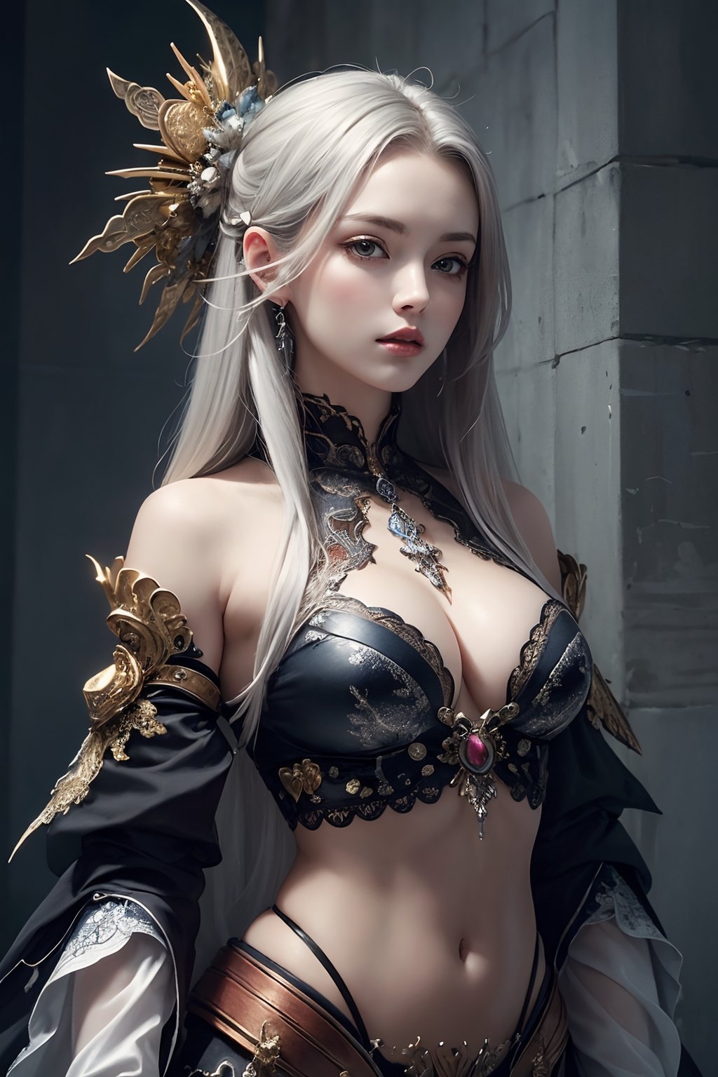 (masterpiece, top quality, best quality, official art, beautiful and aesthetic:1.2), (1girl), extreme detailed, (fractal art:1.3), colorful, highest detailed, silver ash hair, middle-age sexy clothing