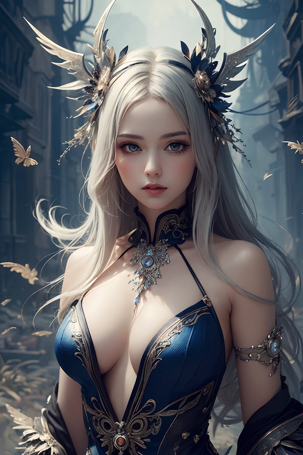 (masterpiece, top quality, best quality, official art, beautiful and aesthetic:1.2), (1girl), extreme detailed, (fractal art:1.3), colorful, highest detailed, silver ash hair, middle-age sexy clothing