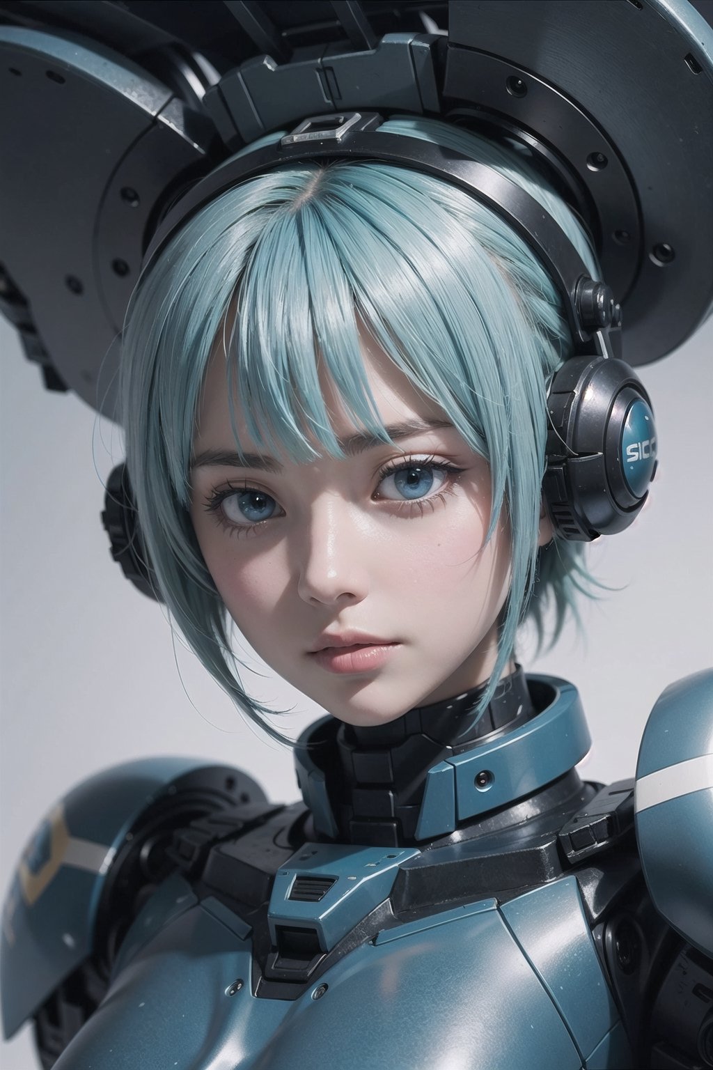 (masterpiece), science fiction, scenery,  1girl, short hair, bangs, aqua hair color, light blue eyes, mecha headgear, sci-fi bratop, 