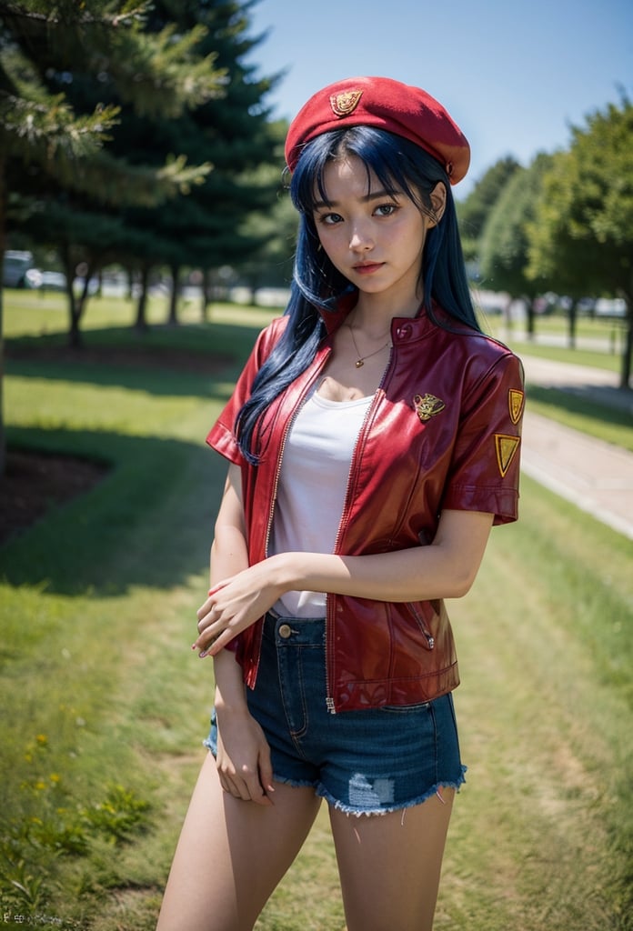 ultra highly intricate detailed 8k, UHD, professional photo,  fashion model, natural light,evangelion,Misato Katsuragi,29 years old,woman,dark red jacket,short sleeves, shorts, short shorts,melancholy,full_body,blue hair, purple hair,park background,misato katsuragi,Hori, long hair,
dark red Berets