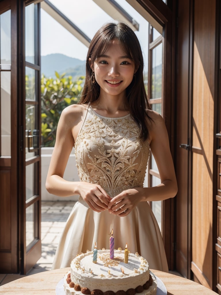 ultra highly intricate detailed 8k,UHD,professional photo,  fashion model,natural light,smile,dress,taiwan girl,cake,happy birthday