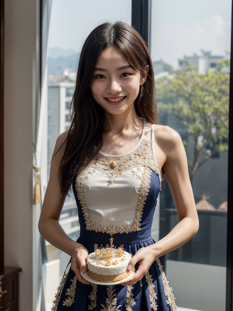 ultra highly intricate detailed 8k,UHD,professional photo,  fashion model,natural light,smile,dress,taiwan girls,holding cake,happy birthday,party,realhands