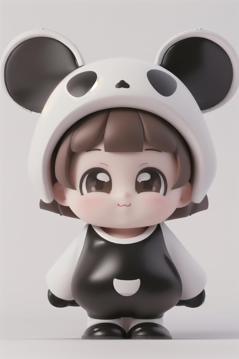 full body, multiple views, 3d rendering, 1girl, solo, looking at viewer, blush, short hair, bangs, simple background, brown hair, white background, brown eyes, full body, chibi, black footwear, :3, animal costume, panda, panda ears, white hat, ((white t-shirt)), cute, smile, happiness ,3D