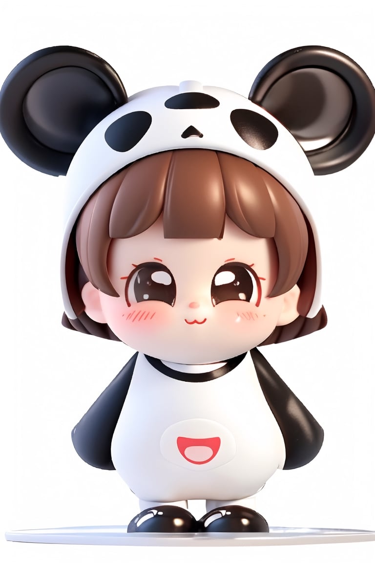 full body, multiple views, 3d rendering, 1girl, solo, looking at viewer, blush, short hair, bangs, simple background, brown hair, white background, brown eyes, full body, chibi, black footwear, :3, animal costume, panda, panda ears, white hat, ((white t-shirt)), cute, smile, happiness ,3D,pvc,high lights