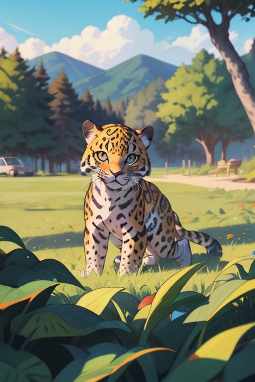 a baby jaguar on a vacation, happy, 