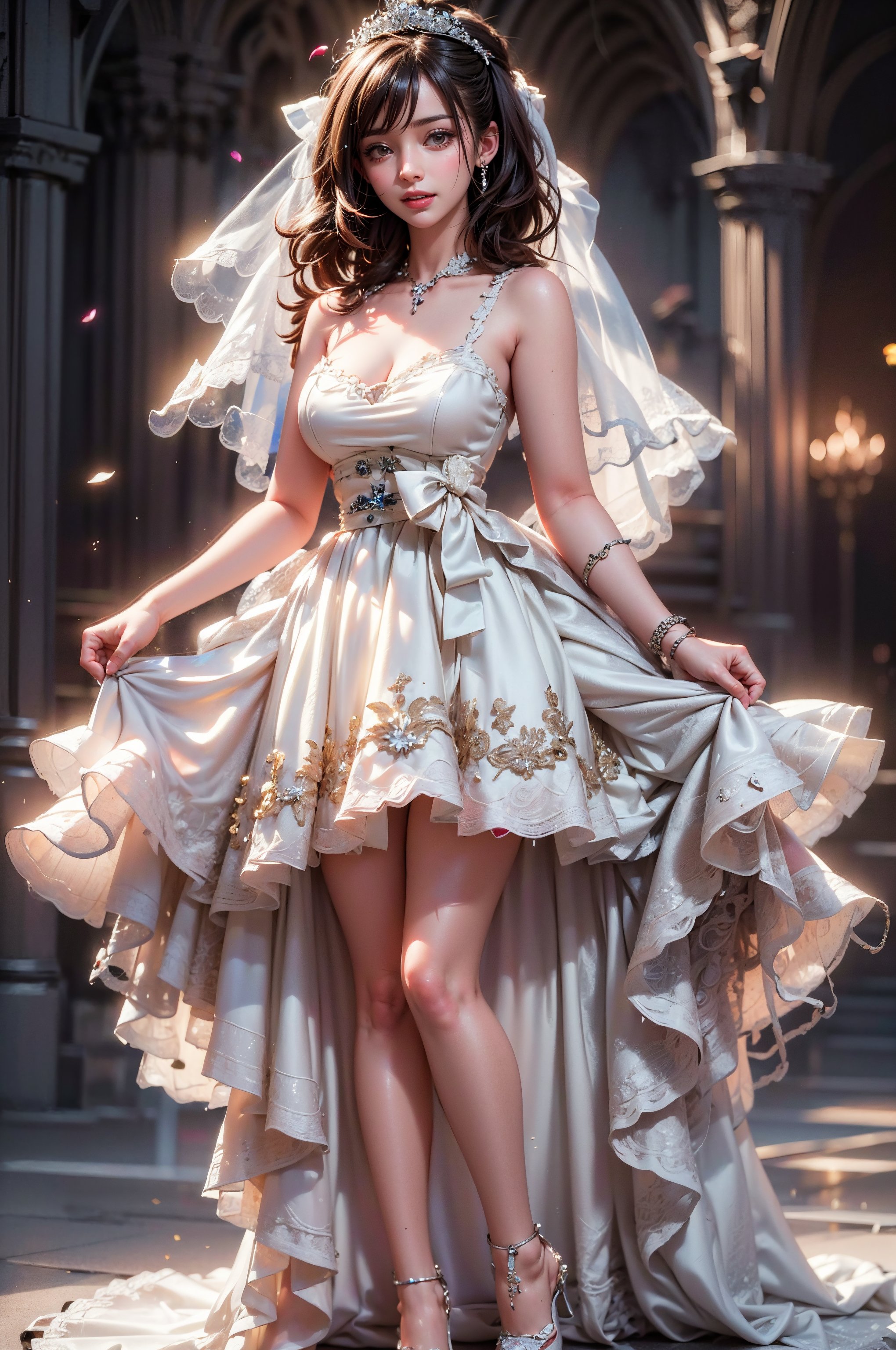 (masterpiece, best quality:1.4), photorealistic, raw photo,1 girl, sexy girl, beautiful girl, young girl, solo,  high-resolution,  high contrast, realistic,  extreme detailed background, detailed eyes, a drawing of a woman's wedding dress, cleavage, breasts, high_heels,wedding dress,bridal veil,bridal tiara, crystal tiara,crystals embroidery, smile