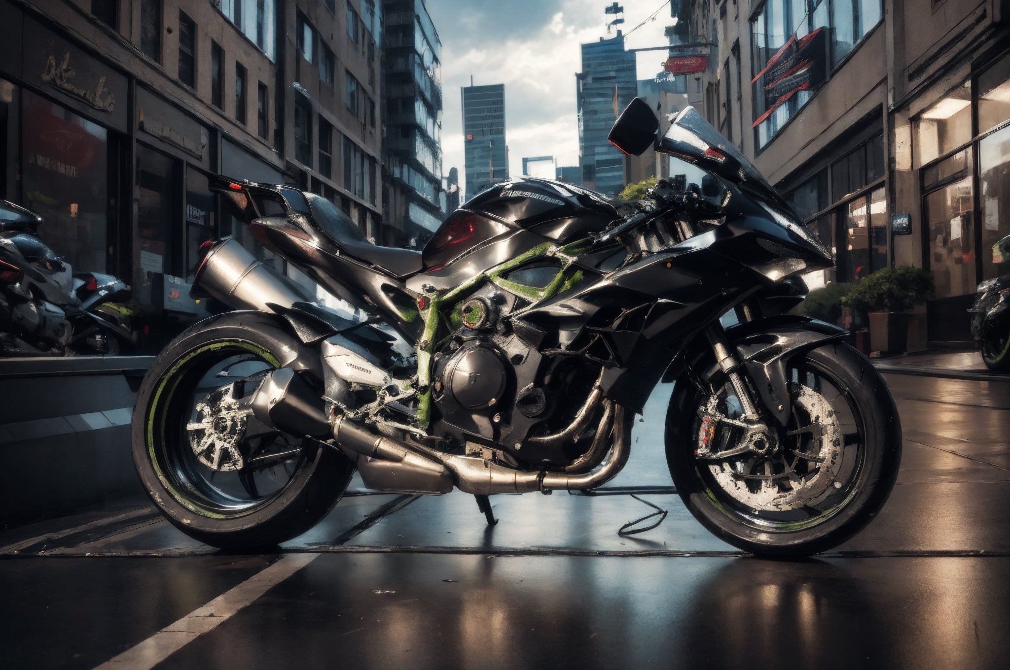 (masterpiece, best quality:1.3), photorealistic, raw photo, hyperrealistic, hyperdetailed, natural light, ray tracing, subsurface scattering, high-resolution,  high contrast, realistic style, HDR, 8k , extreme detailed background, soothing tone,motorcycle, (cityscape:1.5)