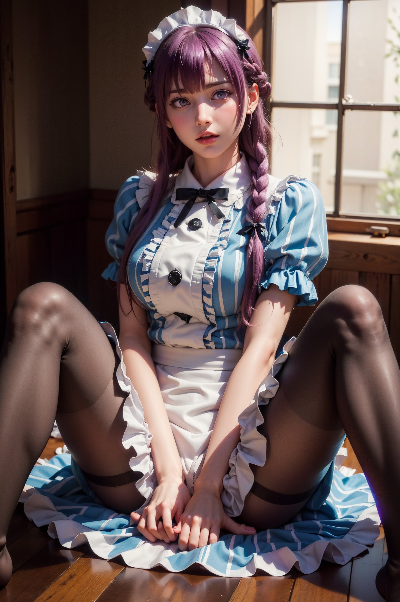 (masterpiece, best quality:1.4), photorealistic, raw photo,1 girl, sexy girl, beautiful girl, young girl, solo,  high-resolution,  high contrast, realistic,  extreme detailed background, detailed eyes,  (long hair, purple hair, braid, maid headdress, purple eyes, neck ribbon, frills, vertical stripes, blue dress, short sleeves, apron, black pantyhose:1.3), (spread legs, thong, skirt lift up:1.3), 