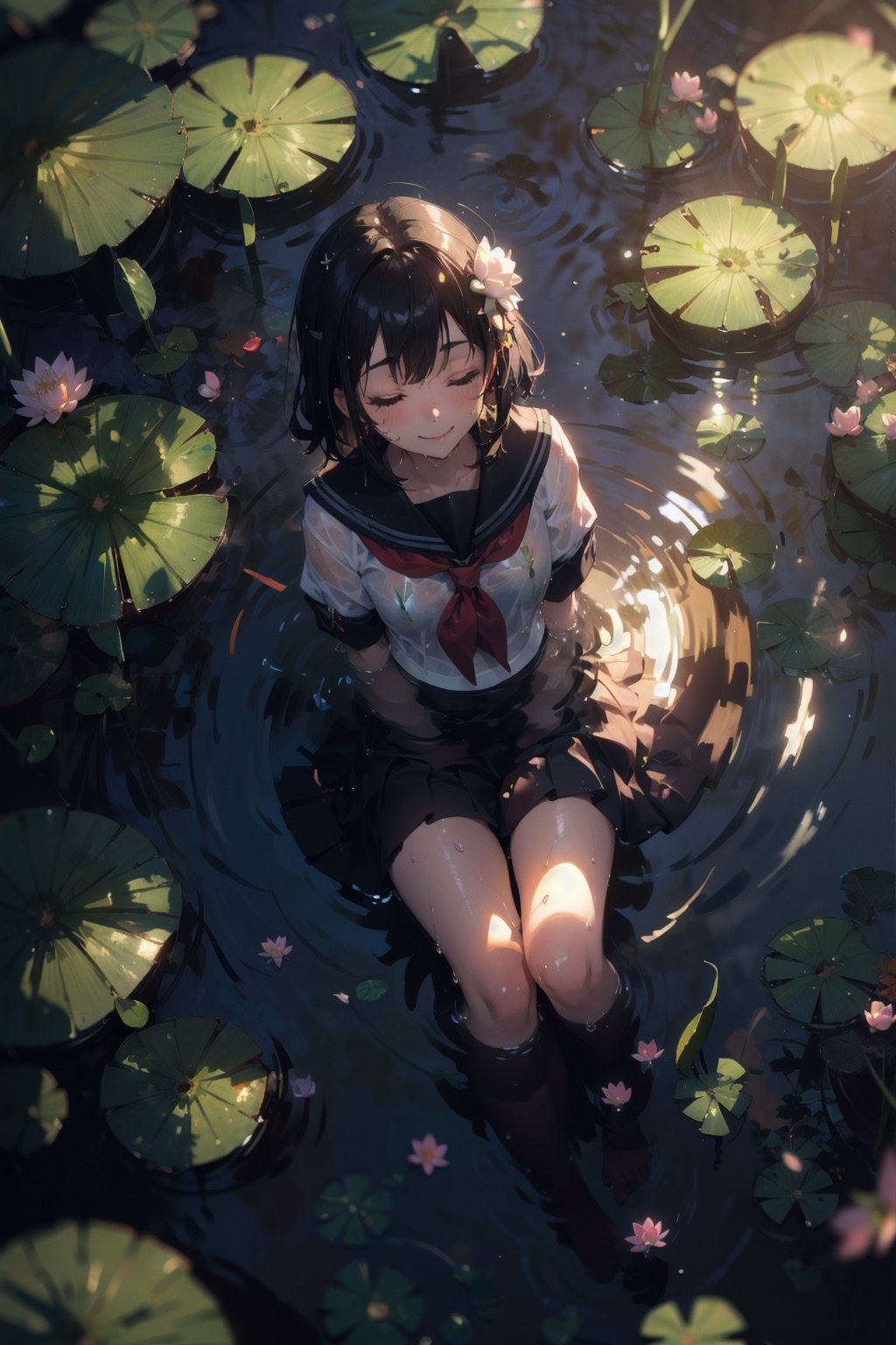 1girl, sitting, pond, light beam, particles, lily pads, lotus flowers, (blurry background), dramatic lighting, wet, dappled sunlight, smile, eyes closed, from above, serafuku