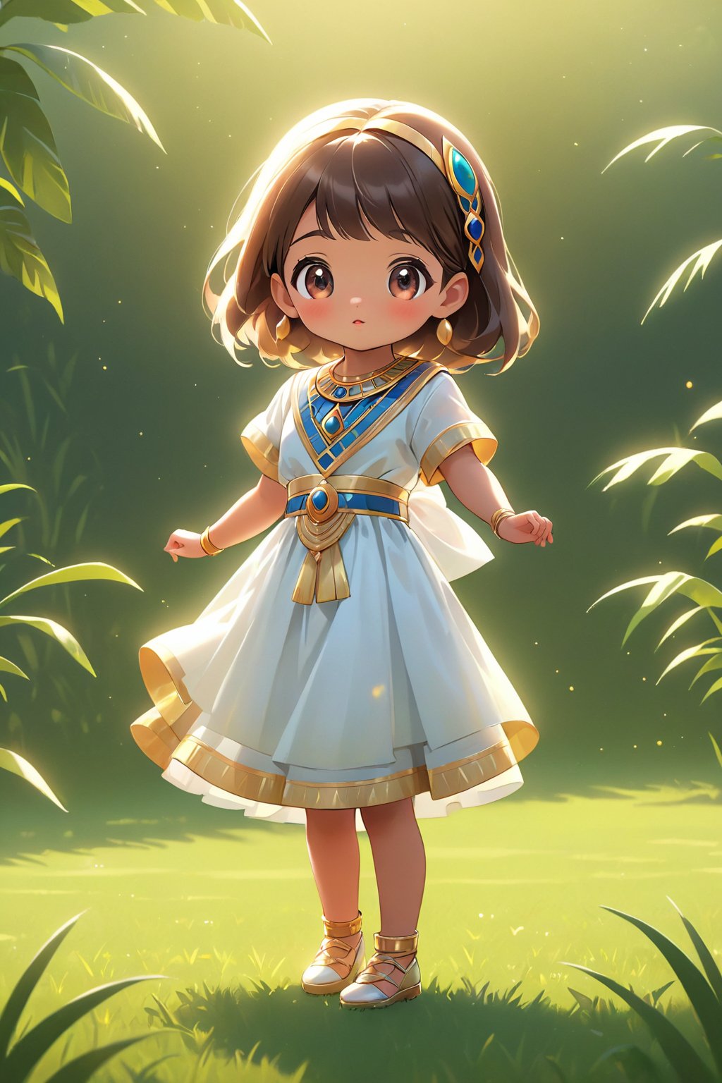 children's Q version, Q version standing on the grass, cute digital painting, clean background cute digital art, cute and detailed digital art, cute cartoon characters, beautiful character drawings, Egyptian girl, realistic cute girl drawings, beautiful digital artwork, palace, girl wearing karaoke, cute characters, cute cartoon, digital cartoon drawing art, Guviz style artwork