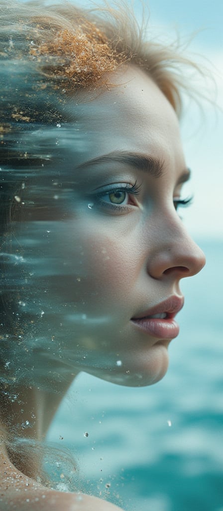 Book cover, A surreal double exposure portrait that blends a woman’s face with a beautiful seascape. The overall mood is dreamy and mystical, with rich colors and intricate details. By 007