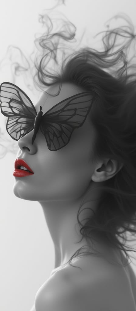 black and white image, midshot of a woman, (red lips only), billowing grey smoke surrounding her, the smoke turns in the shape of a butterfly and covers her face, hair floating with the smoke, (((butterfly made only of smoke))). 