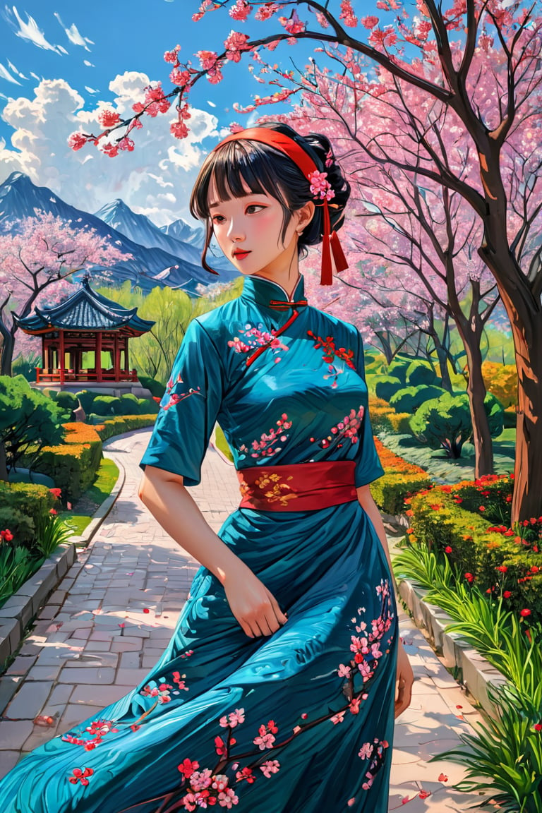 A girl in a traditional Chinese cheongsam dress is depicted in the style of a Van Gogh painting amidst cherry blossoms. Her dress features simple patterns and bright colors, typical of Chinese textiles, including a richly decorated voile and headband. The brushstrokes are bold and expressive, with swirling textures and dynamic movement reminiscent of Van Gogh's signature style. The background is a natural landscape with a vivid, swirling sky and lush greenery, painted in an equally dynamic and textured manner, reinforcing the girl's connection to her cultural heritage. ",Visual_Illustration,ruanyi0715