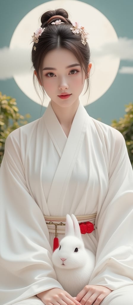  A young woman in a beautiful white hanfu sits on a soft, patterned fabric. She is adorned with delicate floral hair ornaments and a red tassel hangs from her waist. Her expression is serene and elegant, her gaze directed towards the viewer. A white rabbit sits beside her, adding a touch of innocence and charm to the scene. The background features a large moon, creating a sense of cultural richness and mystique.By 007